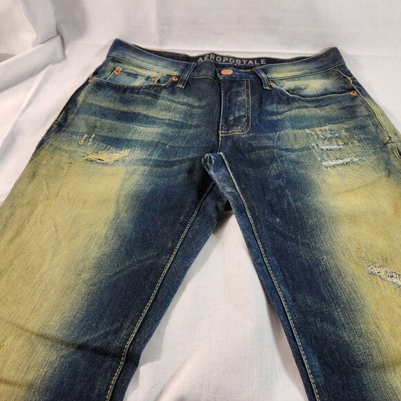 Aeropostale Slim Straight Leg Distressed Jeans Size 30 x 30 Blue 5-Pocket Mens - Picture 14 of 14